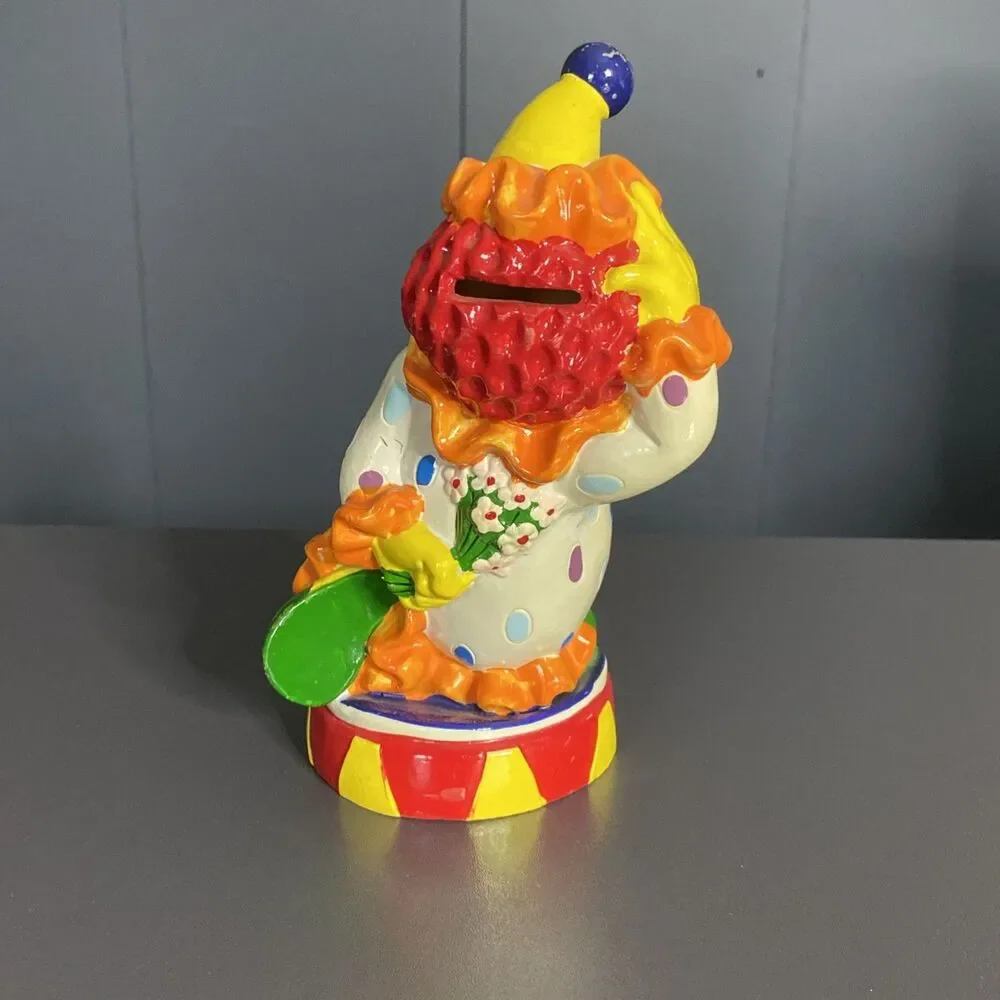 Vintage Clown Plastic Coin Piggy Bank Made in Taiwan 7.5” Tall Colorful Smiling